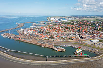 Aerial from the city harlingen at the ijsselmeer in the netherlands