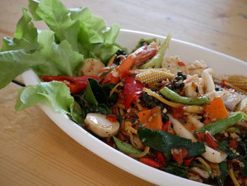 High angle view of salad in bowl on table