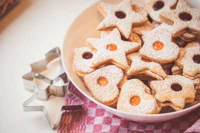 High angle view of cookies in plate