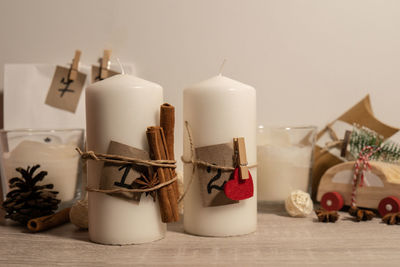 Close-up of christmas decorations on table