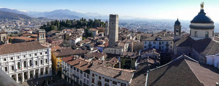 Extra wide aerial view of bergamo alta from the tower of campanone