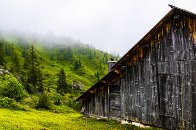 House amidst trees and buildings against sky