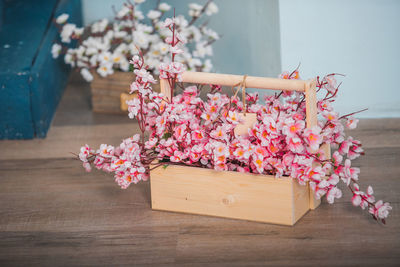 Close-up of pink flowering plant on table