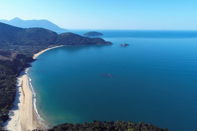 Scenic view of sea and mountains against sky