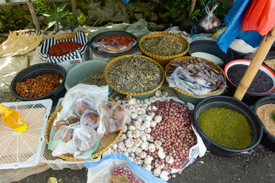 High angle view of food for sale at market stall