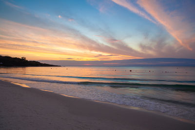 Scenic view of beach against sky during sunset