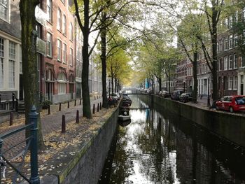 Canal amidst street in city against sky