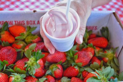 Cropped hand holding strawberry yoghurt ice cream