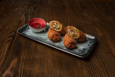 High angle view of breakfast served on table