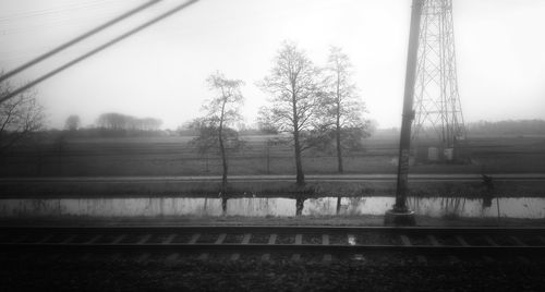 View of railway tracks and trees in foggy weather