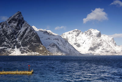 Scenic view of snowcapped mountains by sea against sky