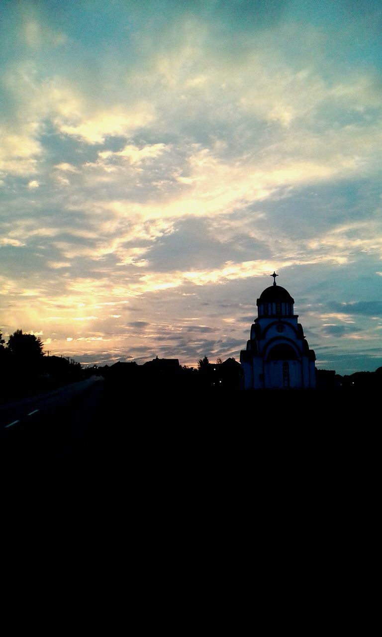 architecture, building exterior, built structure, religion, place of worship, silhouette, sky, spirituality, church, sunset, cloud - sky, dome, low angle view, cloud, cross, cloudy, dusk, outdoors