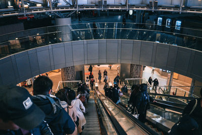High angle view of people on escalator