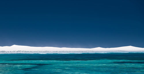 Scenic view of sea against clear blue sky