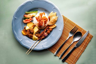 High angle view of food in plate on table