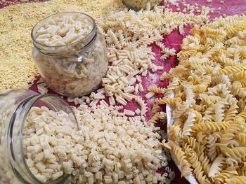 High angle view of raw pastas on table