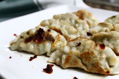 Close-up of dumplings served in plate