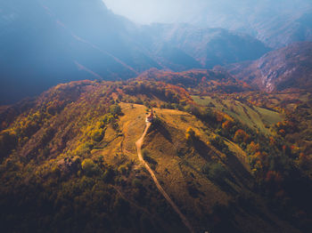 High angle view of mountain range against sky