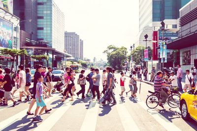 High angle view of people on city street