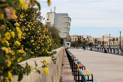 View of street and buildings against sky