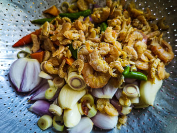 High angle view of vegetables in plate on table