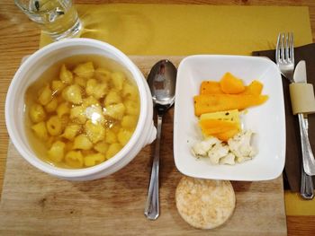 High angle view of meal served on table