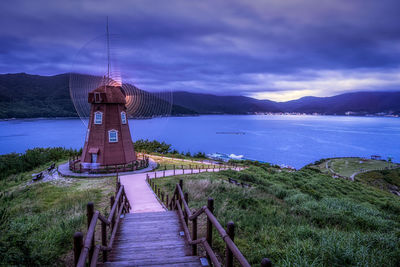 Geoje windy hill windmill taken right after sunset. famous travel landmark in geoje-si, south korea