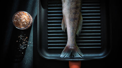 Raw fish on grill fry pan with condiments himalayan salt food photography