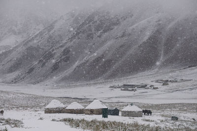 Aerial view of snow covered land and mountain