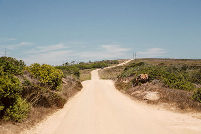 Dirt road amidst plants and trees against sky