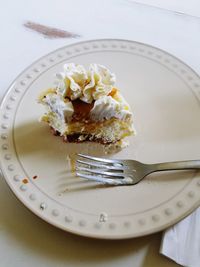 High angle view of cake in plate on table