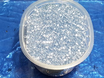 Close-up high angle view of blue container