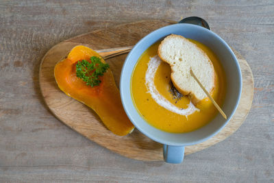 High angle view of breakfast served on table