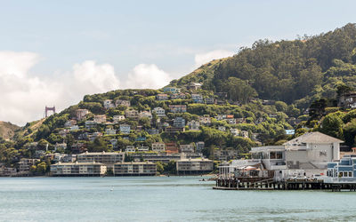 Houses by sea against sky