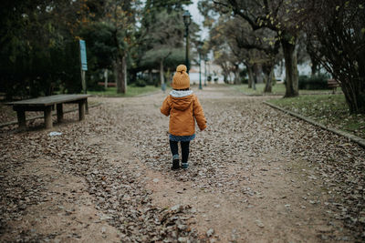 Rear view of girl walking on footpath in park during winter