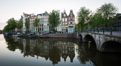 Bridge over river with buildings in background