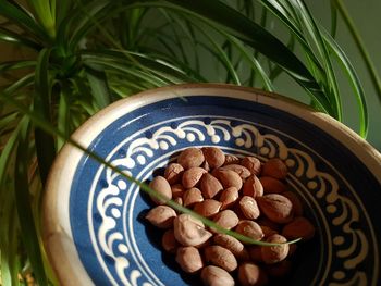 High angle view of nuts in bowl
