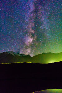 Scenic view of silhouette mountains against sky at night