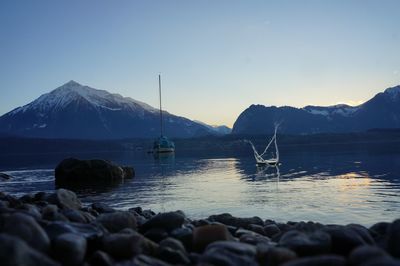 Scenic view of lake with mountains in background