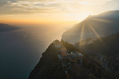 High angle view of sea against sky during sunset
