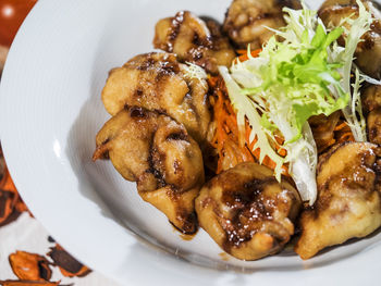 Close-up of fried chicken liver in plate