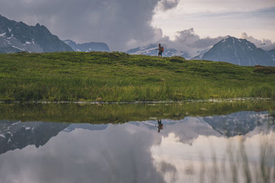 Young male hikes at col des posettes, french alps, chamonix, france