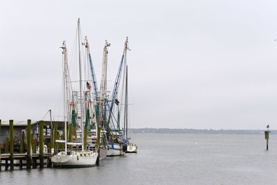 Sailboats in sea against sky