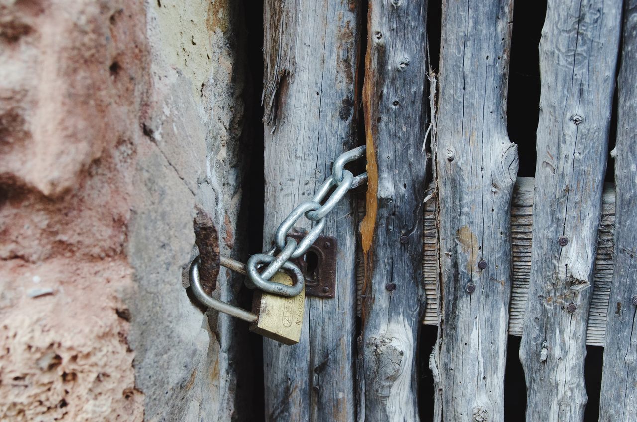 safety, security, metal, protection, lock, wood - material, no people, padlock, close-up, door, chain, entrance, day, closed, latch, old, outdoors, weathered, rusty, fence