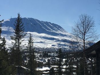 Scenic view of snowcapped mountains against clear sky