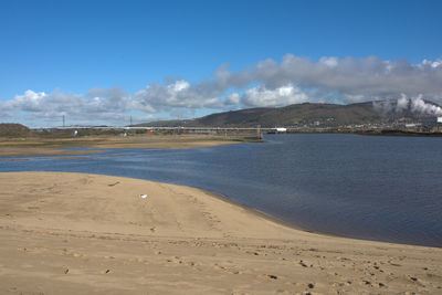 Scenic view of beach against blue sky