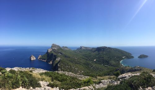 Scenic view of sea against clear blue sky