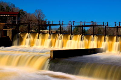 Water flowing on dam against clear sky