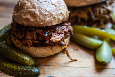 Close-up of pulled pork burger