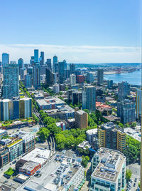 A view from above of buildings in seattle, washington.